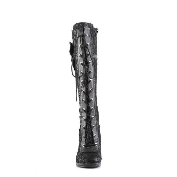 Demonia Women's Glam-240 Knee High Boots - Black Vegan Leather/Black Lace Overlay D0814-67US Clearance